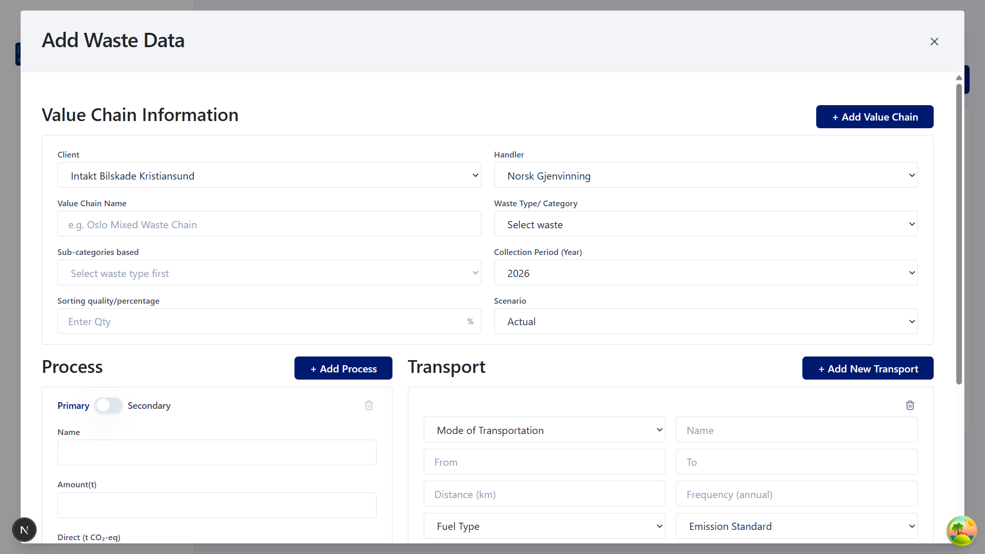 Add Waste Data form for value chain, process, and transport emissions